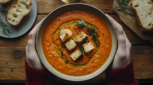 Rustikale Tomatensuppe mit Croutons und Rosmarin