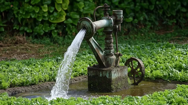 Rustikale Wasserpumpe versorgt grüne Gemüsebeete
