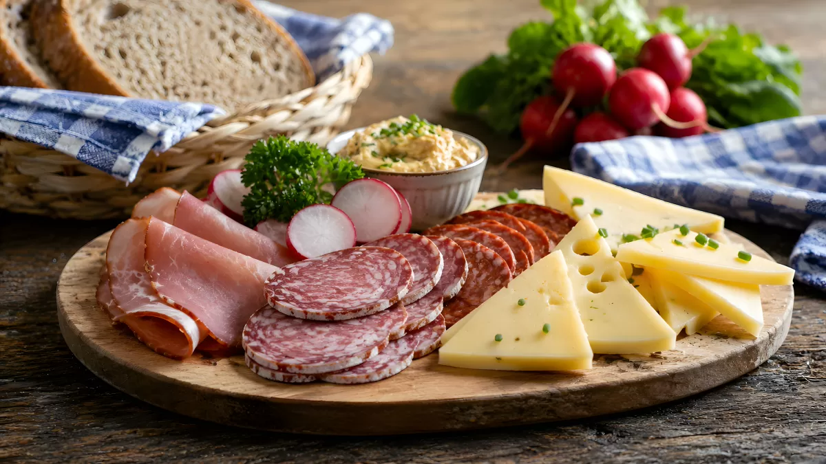 Rustikale Wurstplatte mit Käse und Brot auf Holzbrett