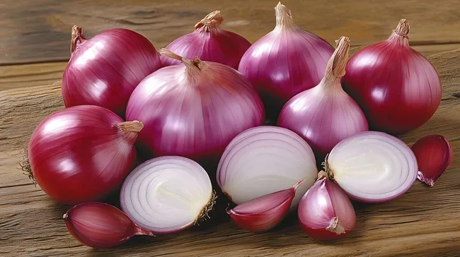 Rustikale Zwiebeln auf Holzuntergrund