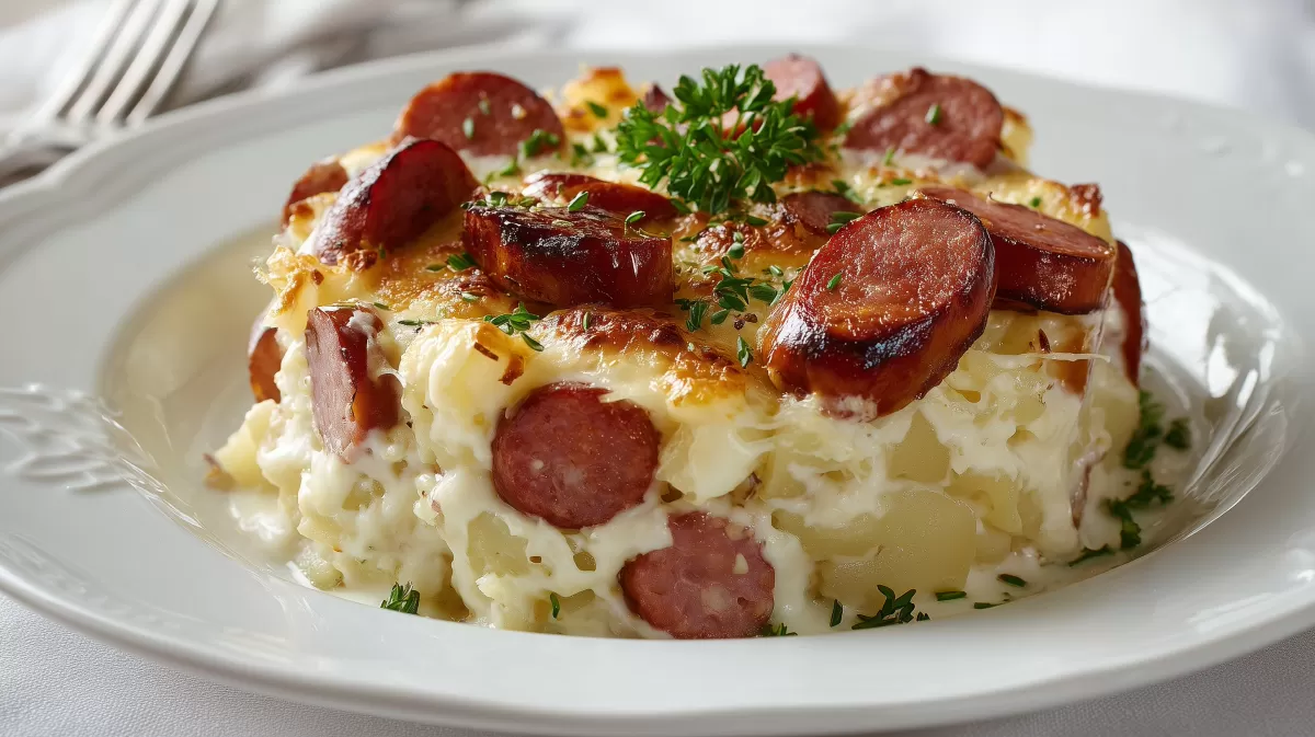 Rustikaler Bauern Kartoffelauflauf mit Würstchen