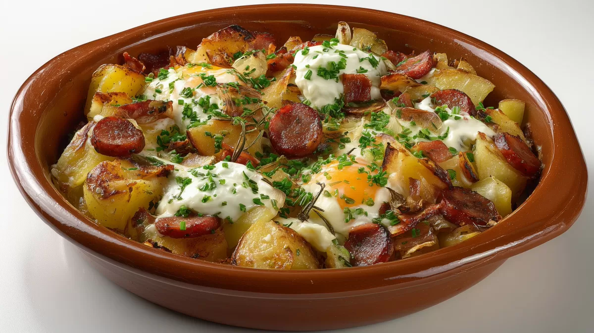 Rustikaler Bauern Kartoffelauflauf mit Wurst und Ei
