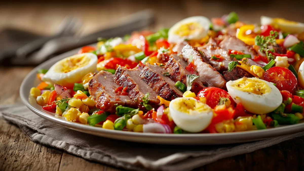 Rustikaler Bauernsalat mit Ei, Gemüse und Braten