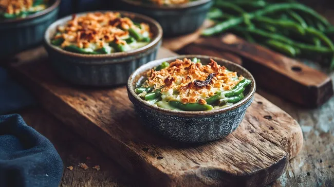 Rustikaler Grüner Bohnenauflauf in Keramikschale