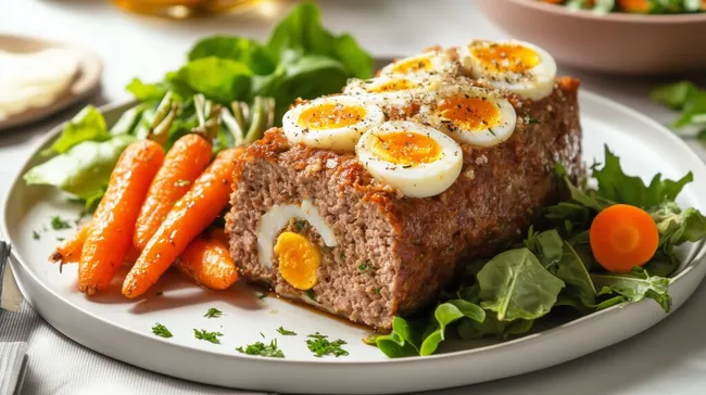 Rustikaler Hackbraten mit Gewürzei und Gemüsebeilage