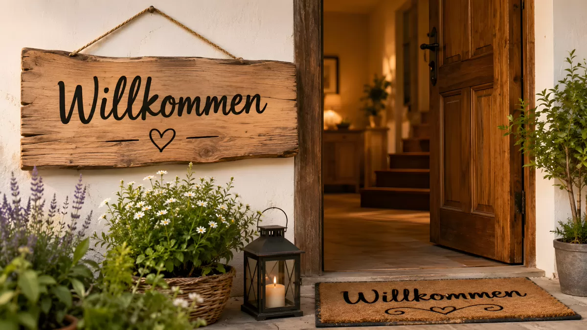Rustikaler Hauseingang mit Willkommen-Schild und Laterne