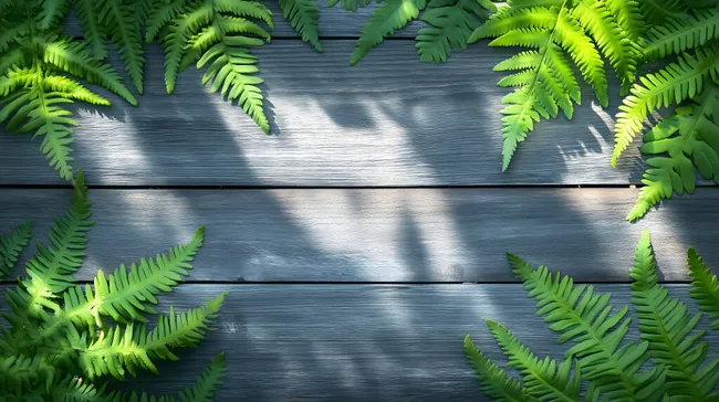 Rustikaler Holzhintergrund mit üppiger Farnbewachsung