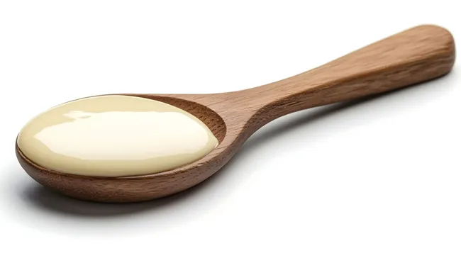 Rustikaler Holzlöffel mit cremiger Vanillecreme