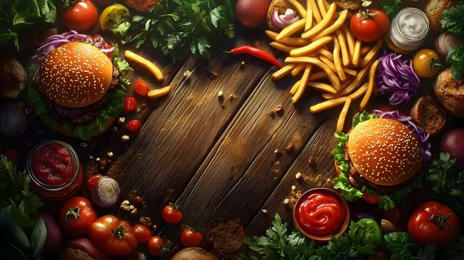 Rustikaler Holztisch mit frischen Burger-Zutaten