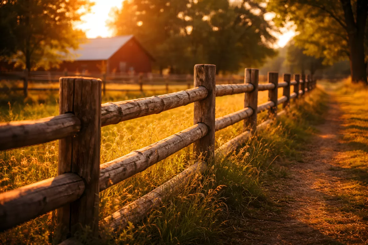 Rustikaler Holzzaun auf einem Bauernhof im Sonnenuntergang