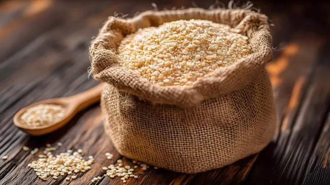 Rustikaler Jutesack voller Hirsekörner auf Holztisch