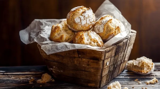 Rustikaler Korb voller frisch gebackener Brötchen