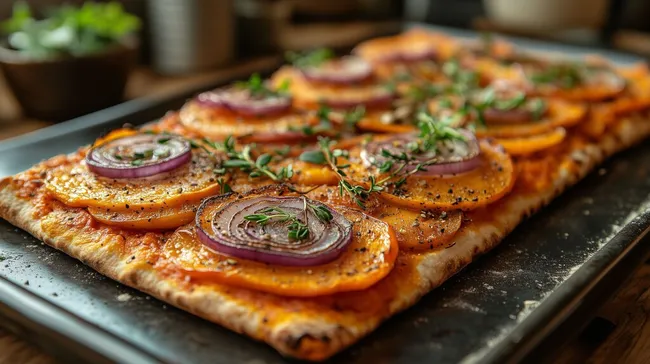 Rustikaler Kürbis-Flammkuchen mit roten Zwiebeln und Kräutern