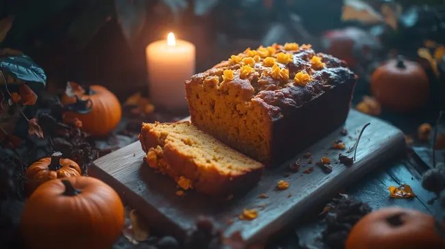 Rustikaler Kürbisbrot-Laib in Herbstatmosphäre