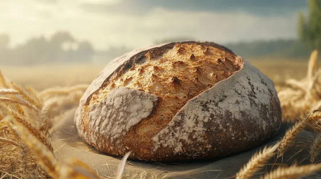 Rustikaler Laib Brot mit knuspriger Kruste auf Weizenfeld