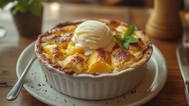 Rustikaler Pfirsichkuchen mit Vanilleeis und Minzblatt