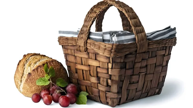 Rustikaler Picknickkorb mit Brot und Trauben