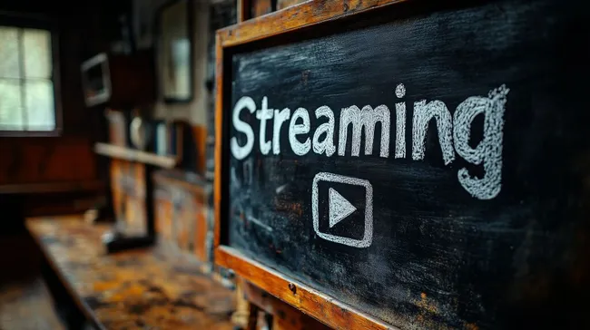 Rustikaler Raum mit Streaming-Schriftzug an Tafel