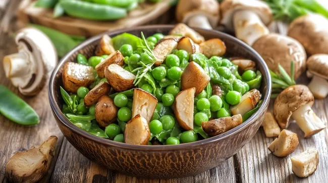 Rustikaler Salat mit grünen Erbsen und gebratenen Pilzen