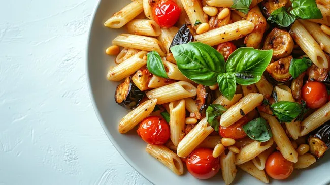 Rustikaler Tomatensalat mit bunter Pasta und Basilikum