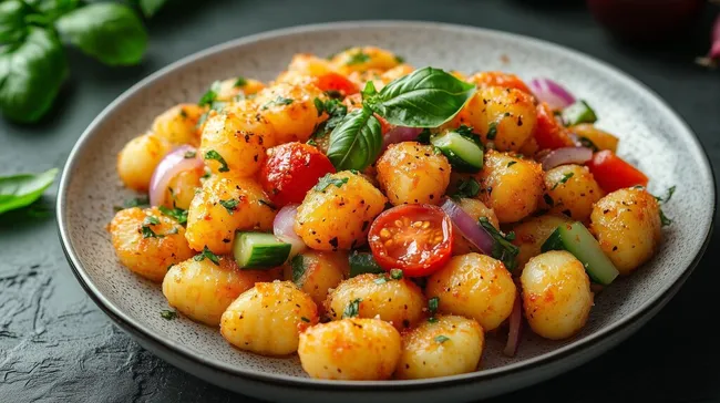Rustikaler Tomatensalat mit knusprigen Gnocchis