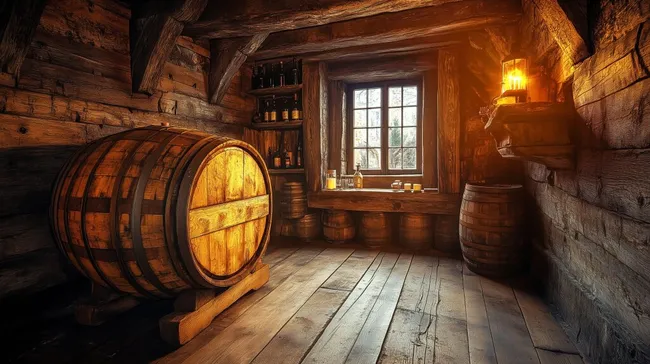 Rustikaler Weinkeller mit historischen Holzfässern