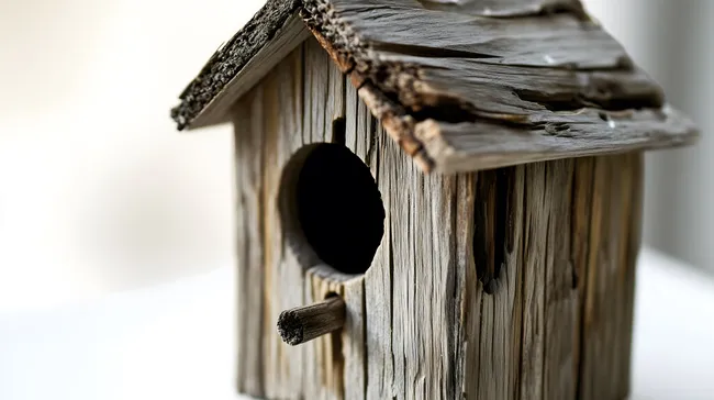 Rustikaler, witterungsgezeichneter Nistkasten mit Loch