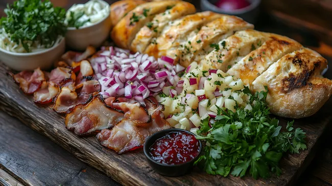 Rustikales Balkan-Frühstück mit Speck und Brot