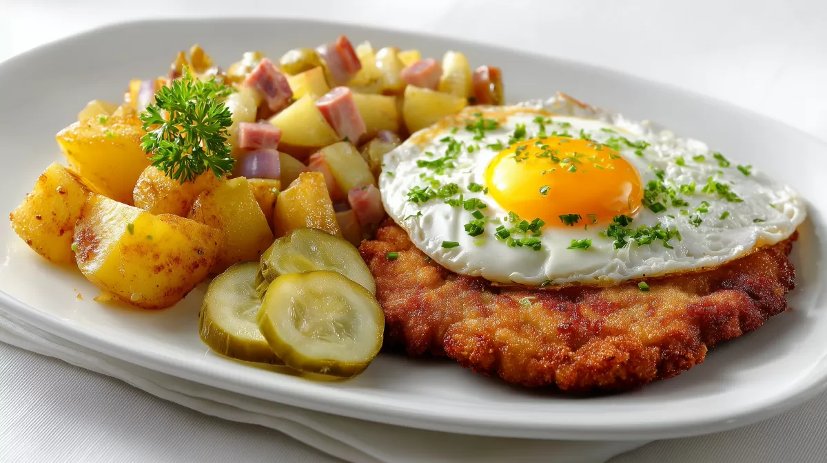 Rustikales Bauernschnitzel mit Spiegelei und Bratkartoffeln