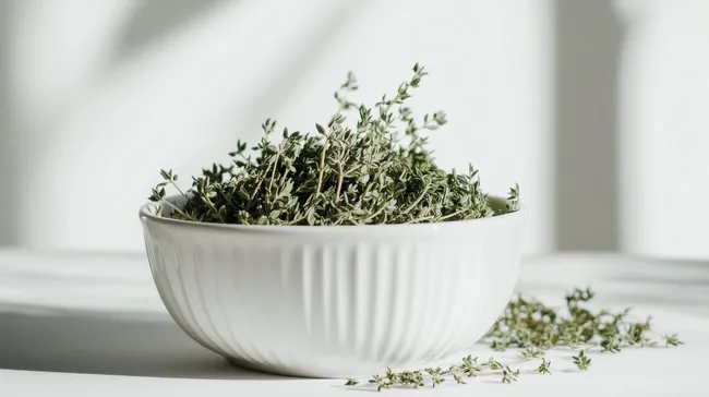 Rustikales Bild von getrocknetem Thymian in weißer Schale