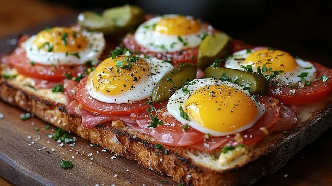 Rustikales Brötchen mit Spiegeleiern und Tomaten
