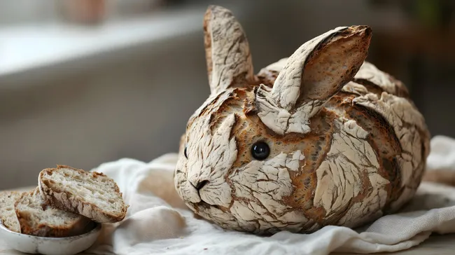 Rustikales Brot in Hasenform auf Leinentuch