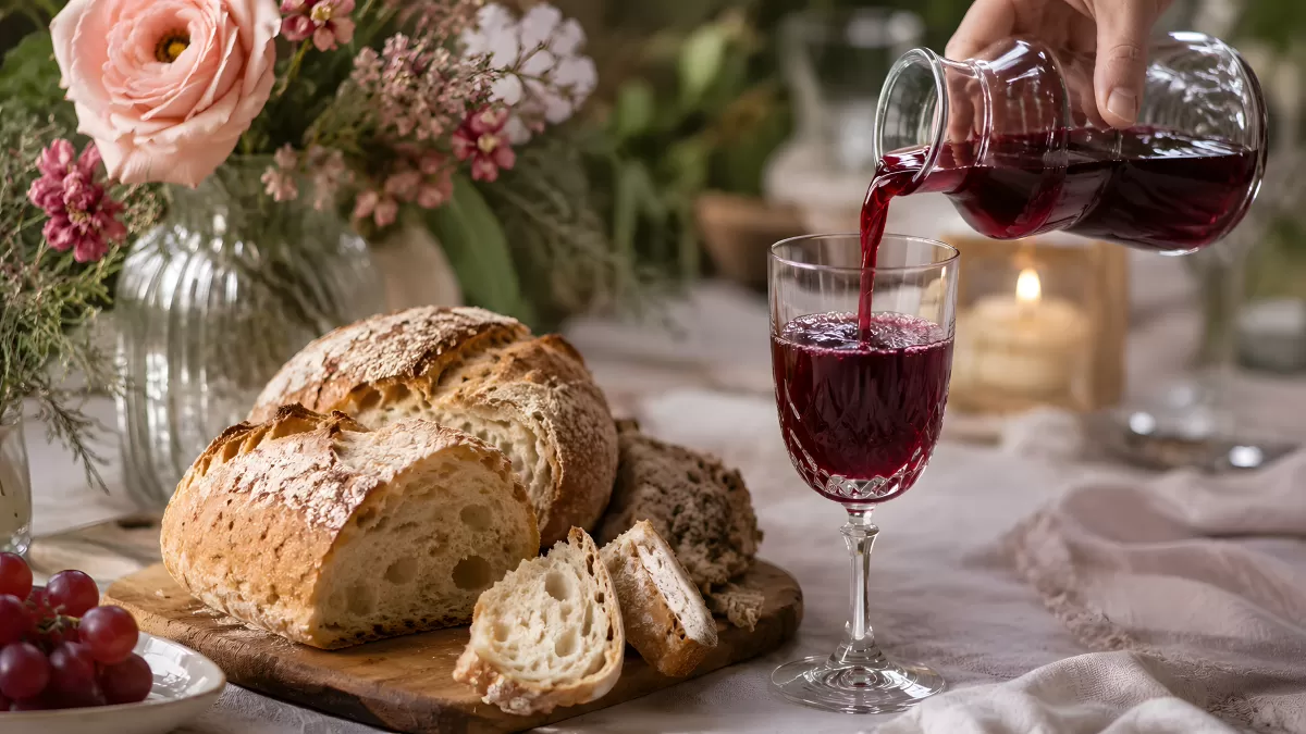 Rustikales Brot mit Rotwein auf gedecktem Tisch