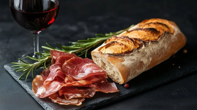 Rustikales Brot und geschnittener Schinken mit Rotwein