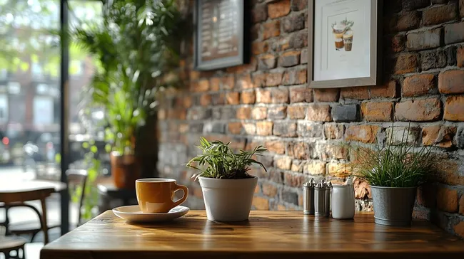 Rustikales Café-Ambiente mit Grünpflanzen und Holztisch