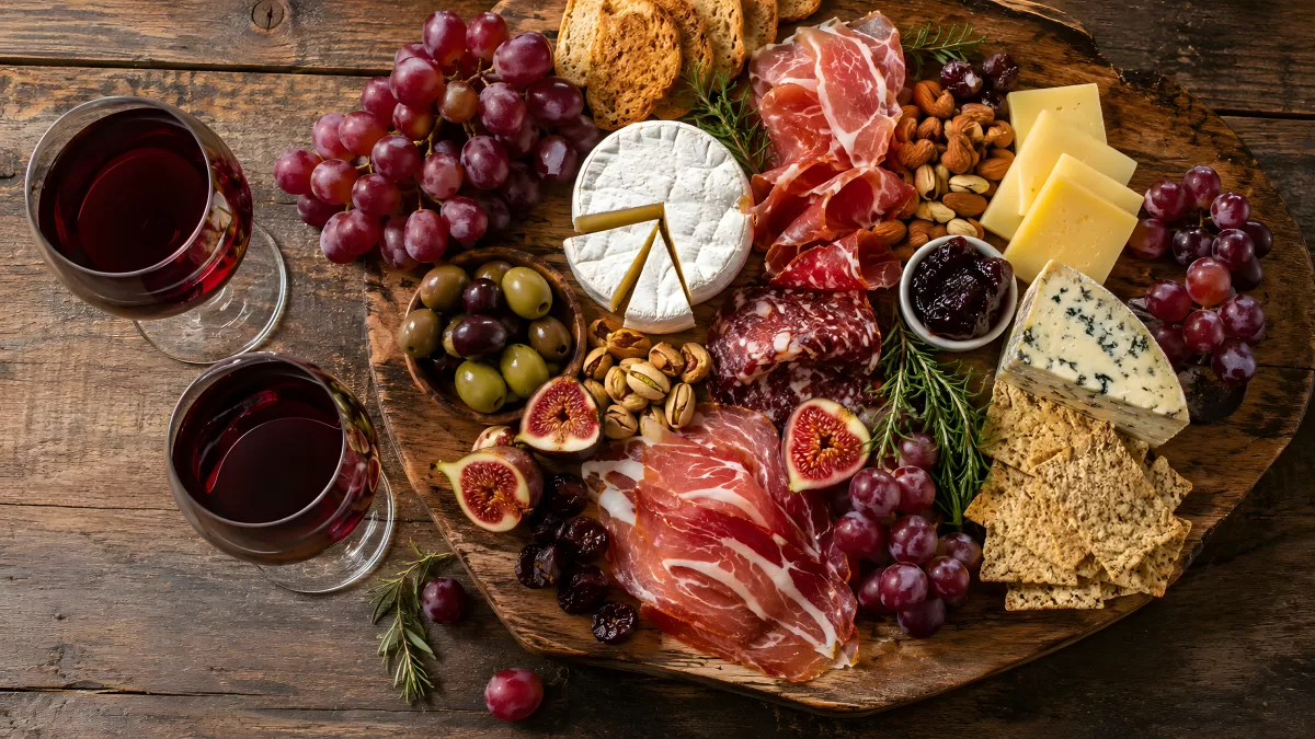Rustikales Charcuterie-Brett mit Wein und Käse