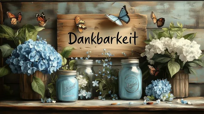 Rustikales Dankbarkeits-Dekor mit Blumen und Schmetterlingen
