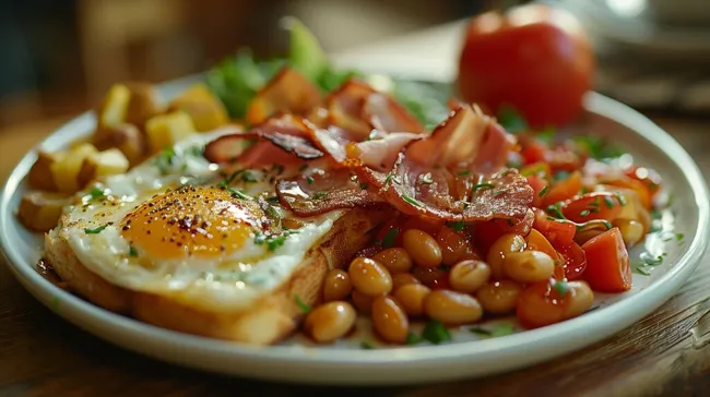 Rustikales englisches Frühstück mit Bacon, Bohnen und Ei
