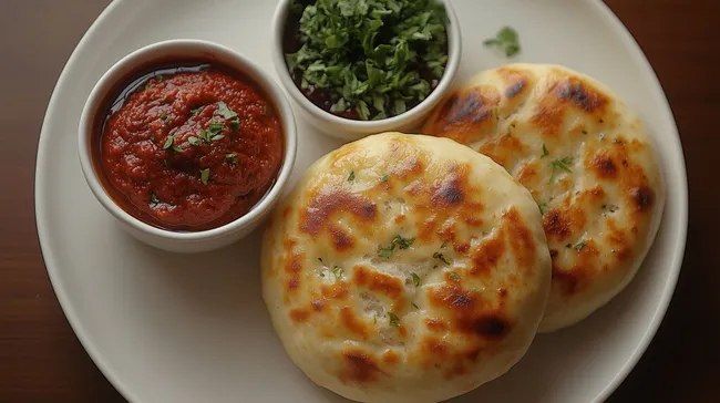Rustikales Fladenbrot mit Tomatendip und Kräutersalat
