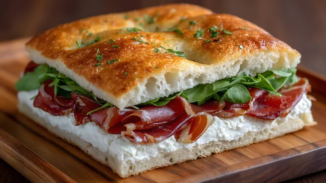 Rustikales Focaccia-Sandwich mit Schinken und Rucola