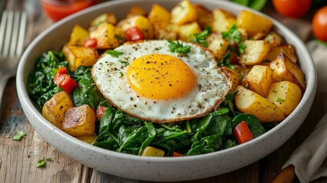Rustikales Frühstück mit Spiegelei und Gemüse