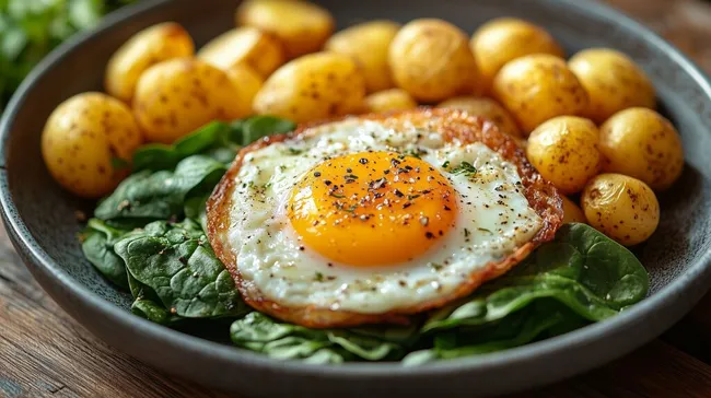 Rustikales Frühstücks-Teller mit Spiegelei, Kartoffeln und Spinat