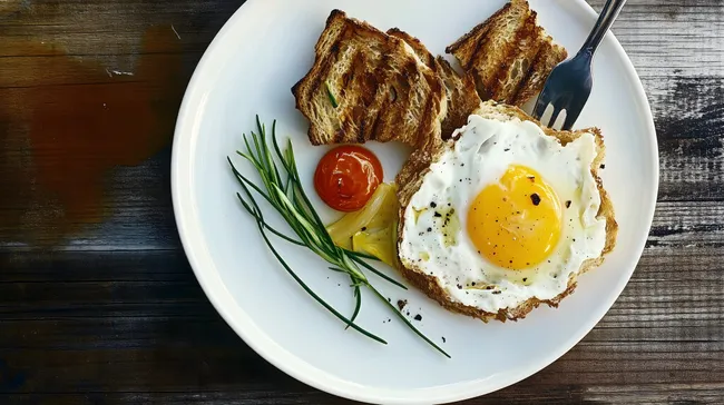 Rustikales Frühstücksgedeck mit Spiegelei und Tomate
