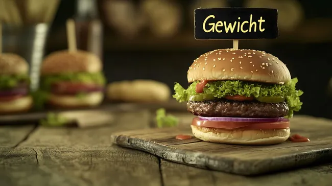 Rustikales Hamburger-Gericht mit Gewichtsangabe