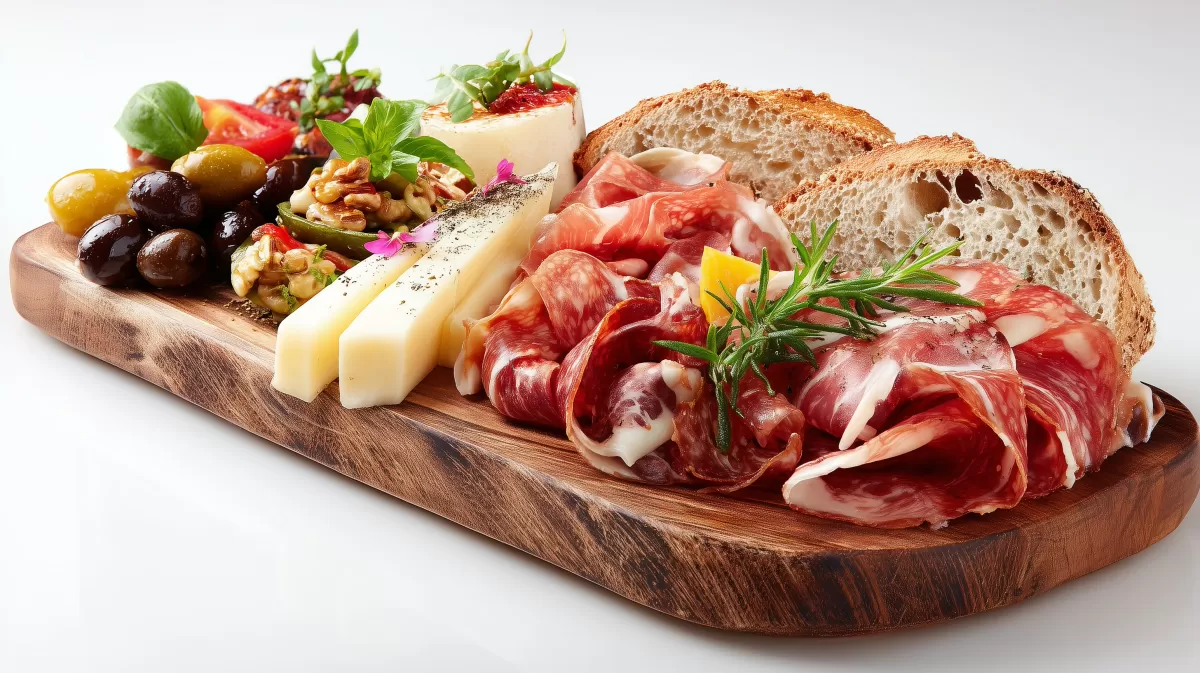 Rustikales Holzbrett mit bunten Antipasti misti