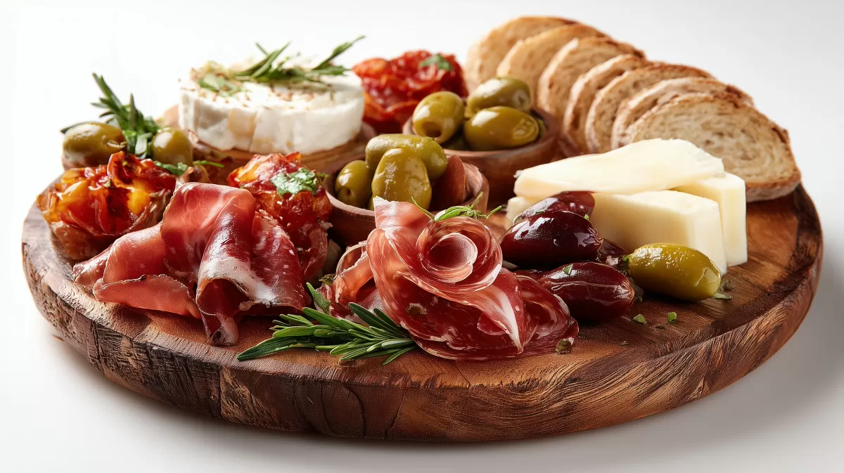 Rustikales Holzbrett mit gemischten Antipasti