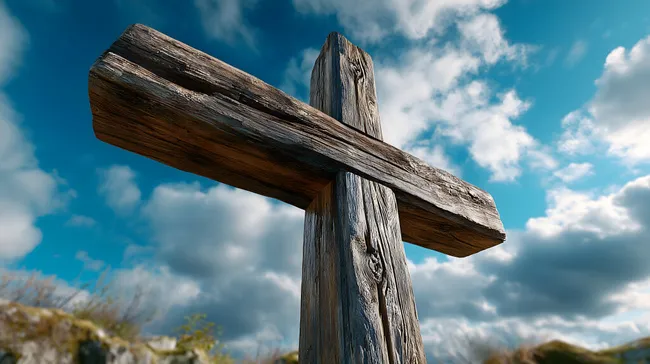 Rustikales Holzkreuz vor bewölktem Himmel