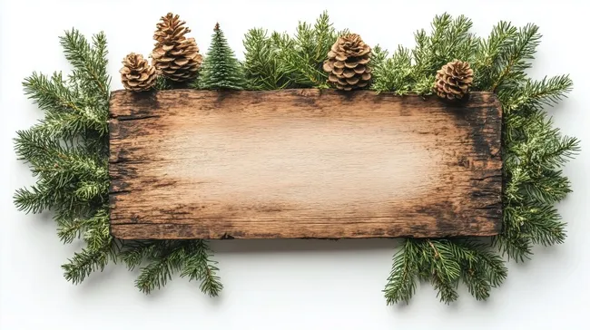 Rustikales Holzschild mit Tannenzweigen und Zapfen