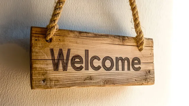Rustikales Holzschild mit Willkommensgruß an Seil aufgehängt
