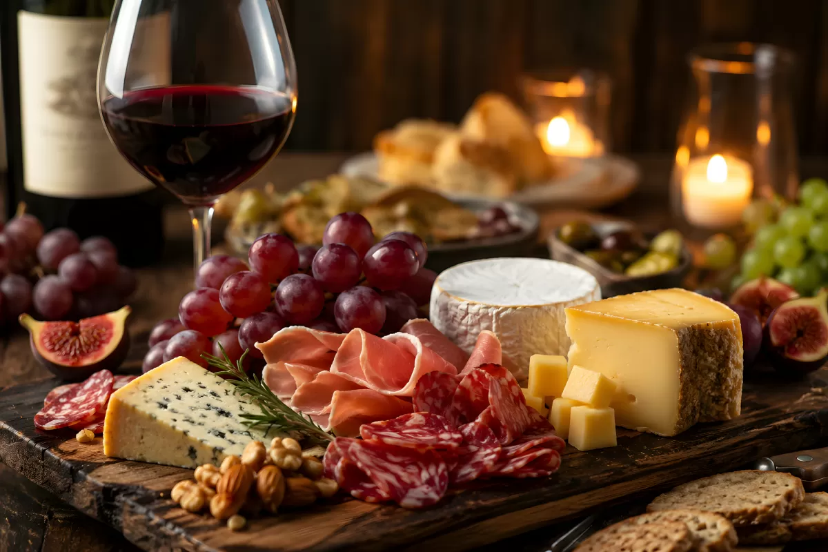 Rustikales Käse- und Wurstbrett mit Rotwein